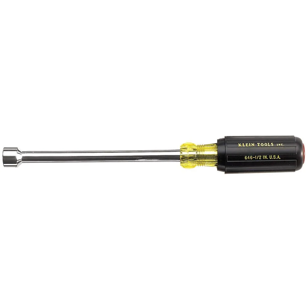 Klein Tools 9/16 inch nut driver with black cushion grip and chrome plated handle