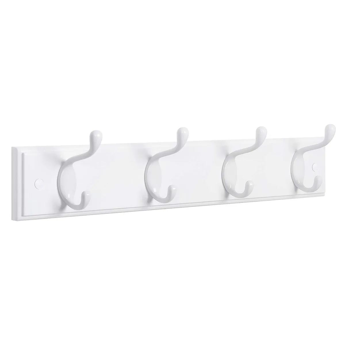White wall-mounted coat rack with four dual metal hooks on an MDF panel