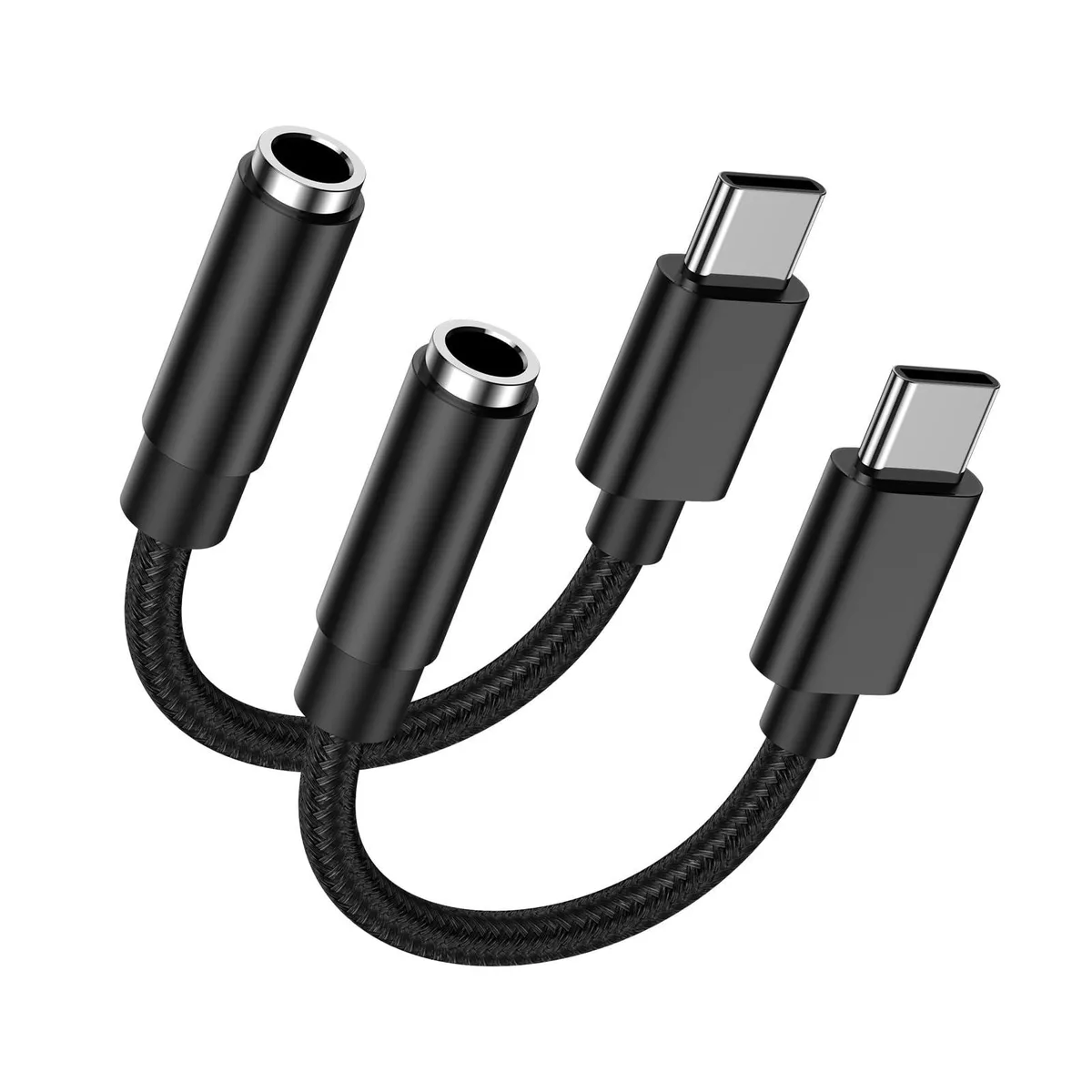 Small USB-C to 3.5 mm audio dongle with braided cable and metal plug