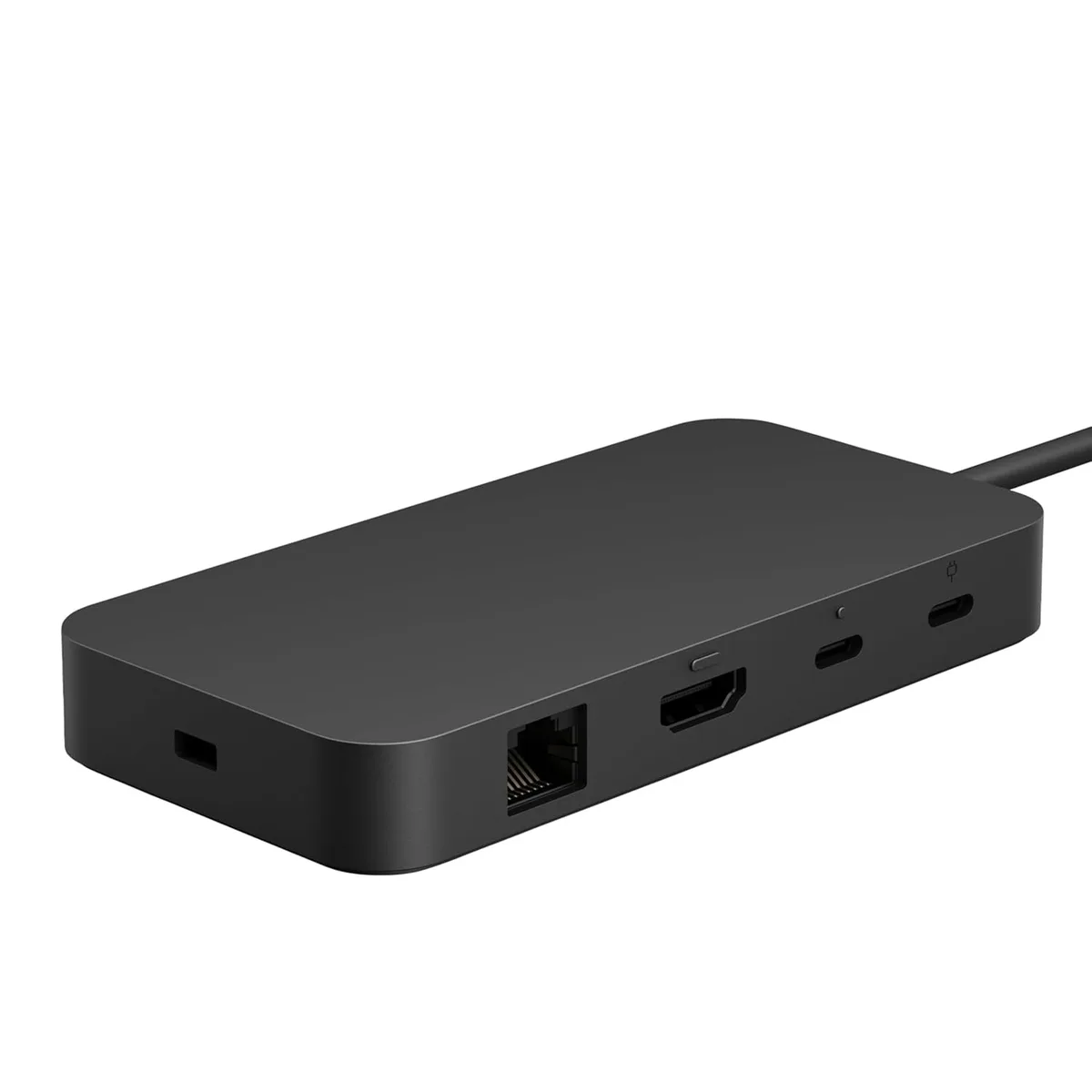 Black rectangular docking station with multiple ports visible on front and back faces