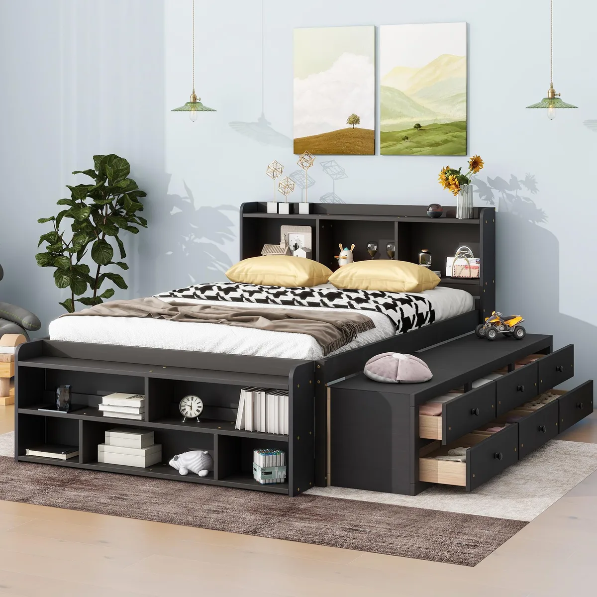 Full-size pine bed frame in espresso with bookcase headboard, six under-bed drawers and end storage unit