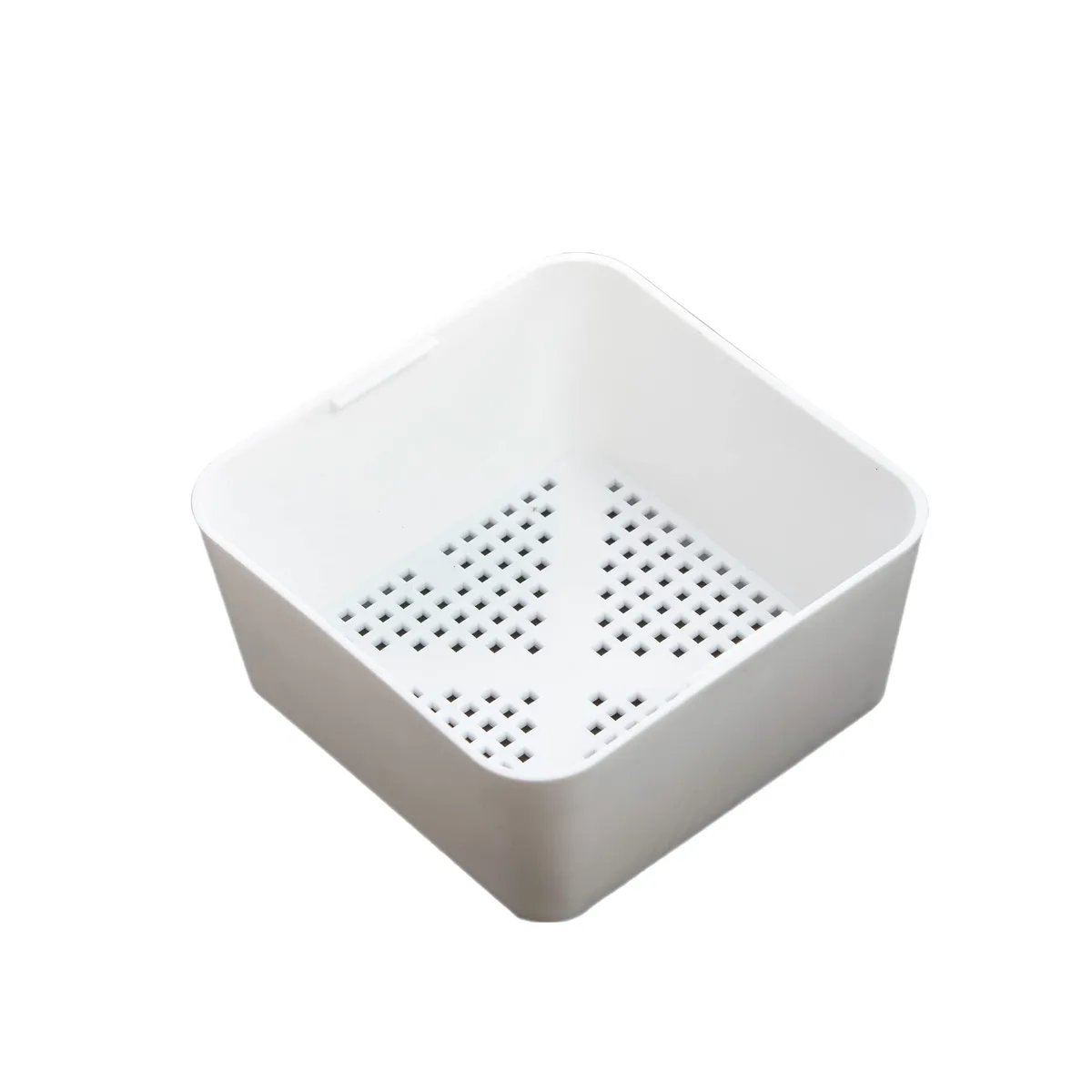 Square plastic sink drain basket with small round holes, 6.5 inches wide
