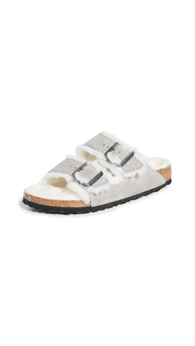 Grey suede Arizona sandals with shearling lining and metal buckles, narrow fit size 15