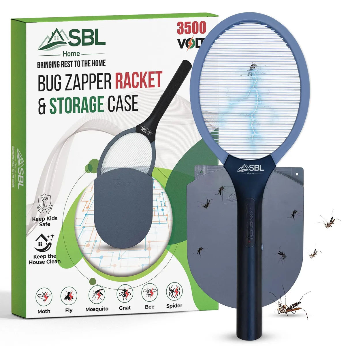 Gray and black electric fly swatter racket with wall-mounted storage case