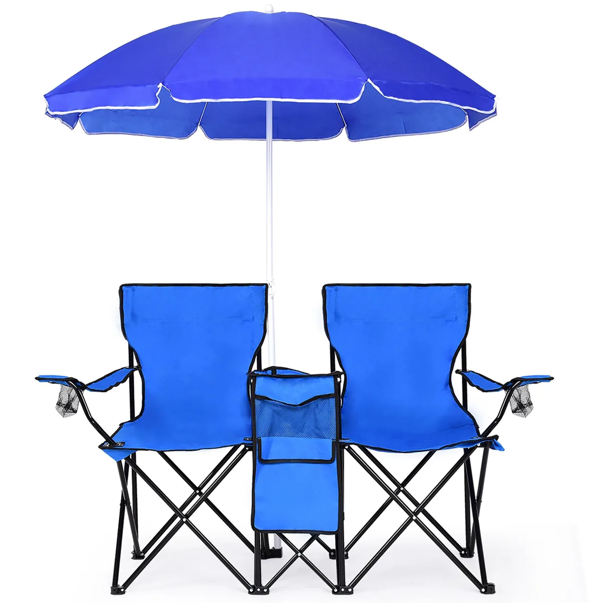 Costway Costway Portable Camping Folding Double Chair Blue with Umbrella Table Cooler — product photo