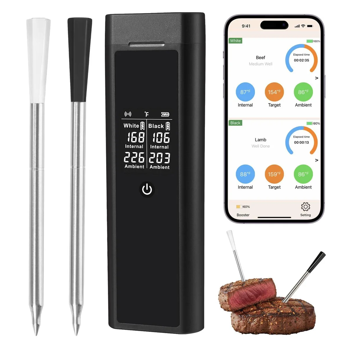 Black smart meat thermometer with dual stainless steel probes and digital display