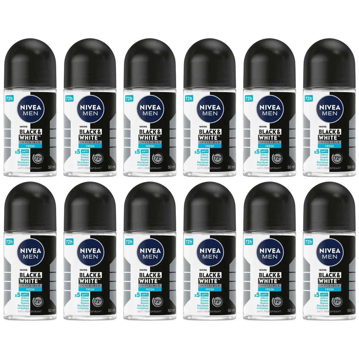 Nivea Nivea Men Black &amp; White Invisible Fresh Roll-On Antiperspirant Deodorant 50 ml 12-Pack 52132715659582 — product photo