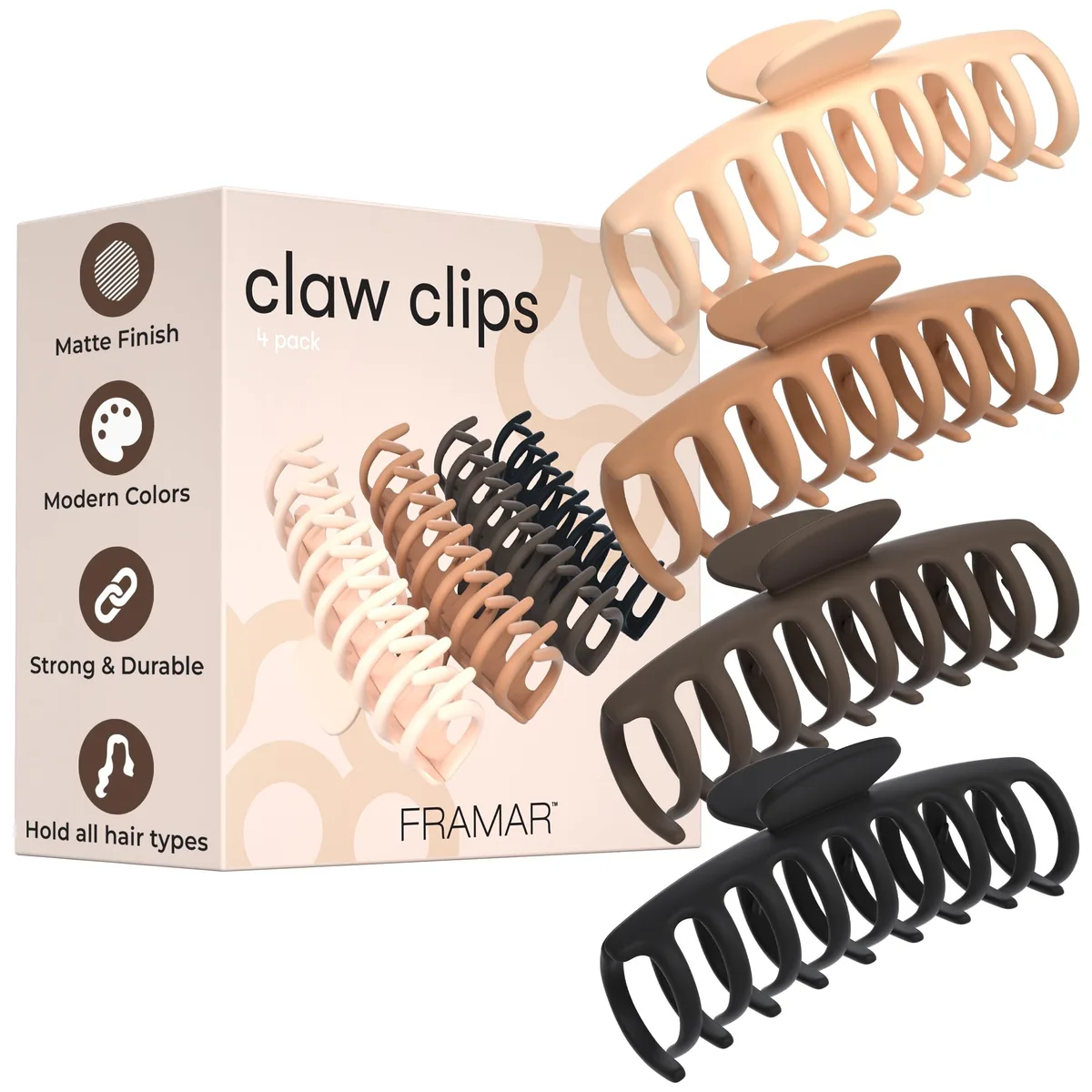 Pack of 49 extra large matte claw clips in four neutral colours