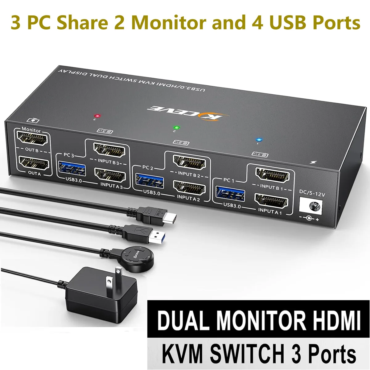 WRIARICH WRIARICH USB 3.0 HDMI KVM Switch 3 PC 2 Monitors 4K@60Hz — product photo