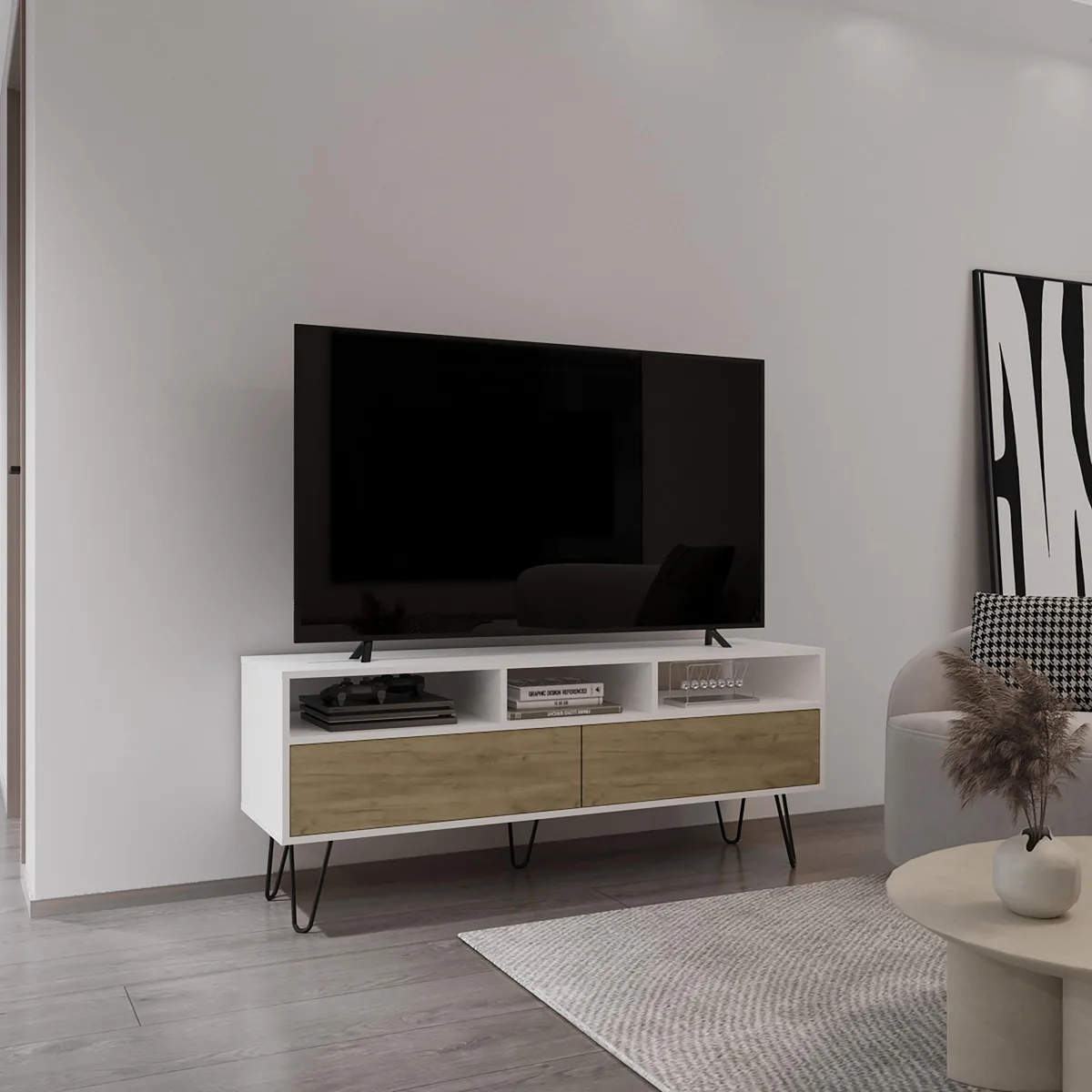 tuphen tuphen Tori 54" TV Stand Two-Door Pull-Down White Natural Oak — product photo