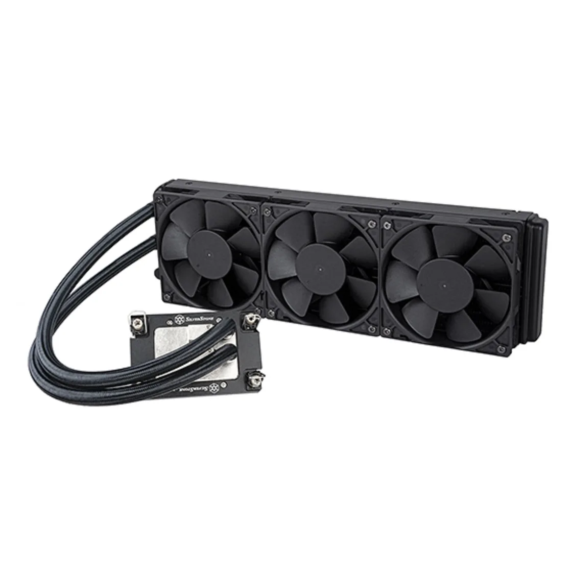 Black AIO liquid cooler with three 120mm fans and long rubber tubes