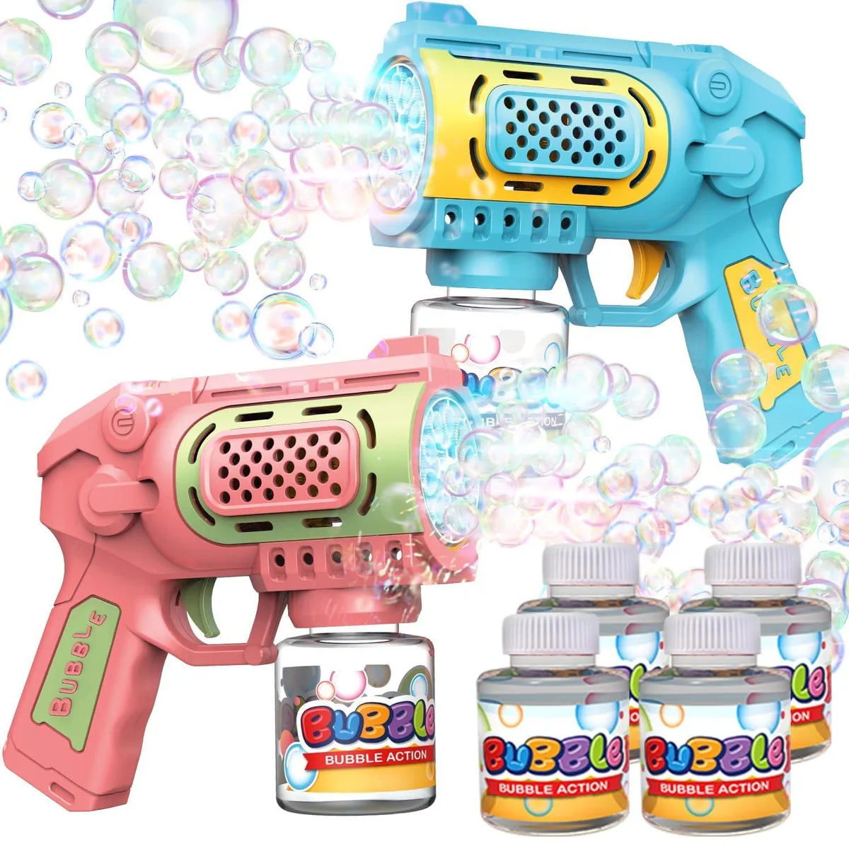 Two plastic bubble guns with four solution bottles, lightweight and leak-proof
