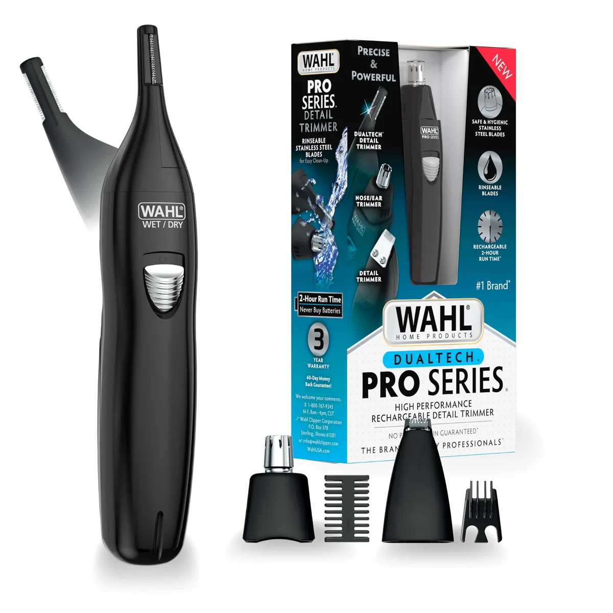 Black rechargeable multigroomer with interchangeable heads for beard, nose, ear and eyebrow trimming