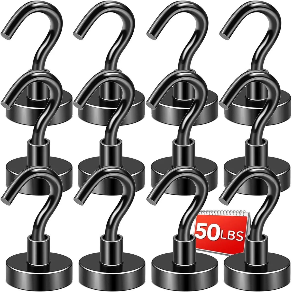 Twelve black magnetic hooks with steel bases on a metal surface