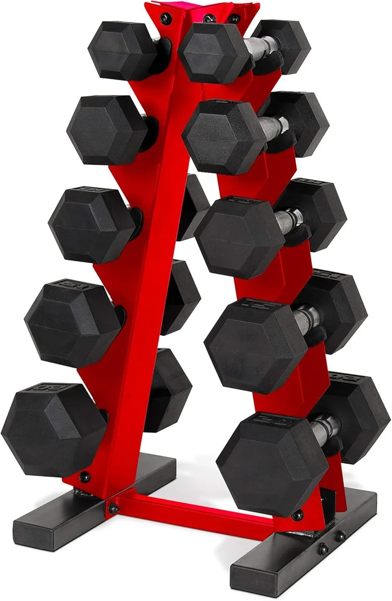 Red A-frame rack holding five pairs of rubber-coated hex dumbbells in black finish