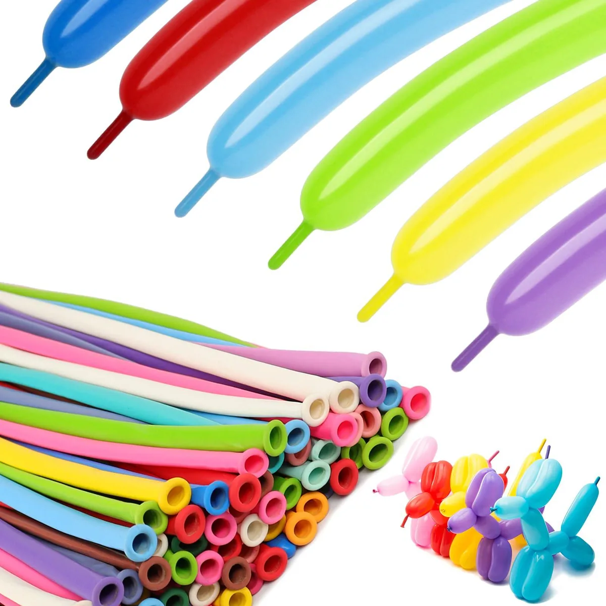 A clear bag holding 100 long pastel rainbow twisting balloons