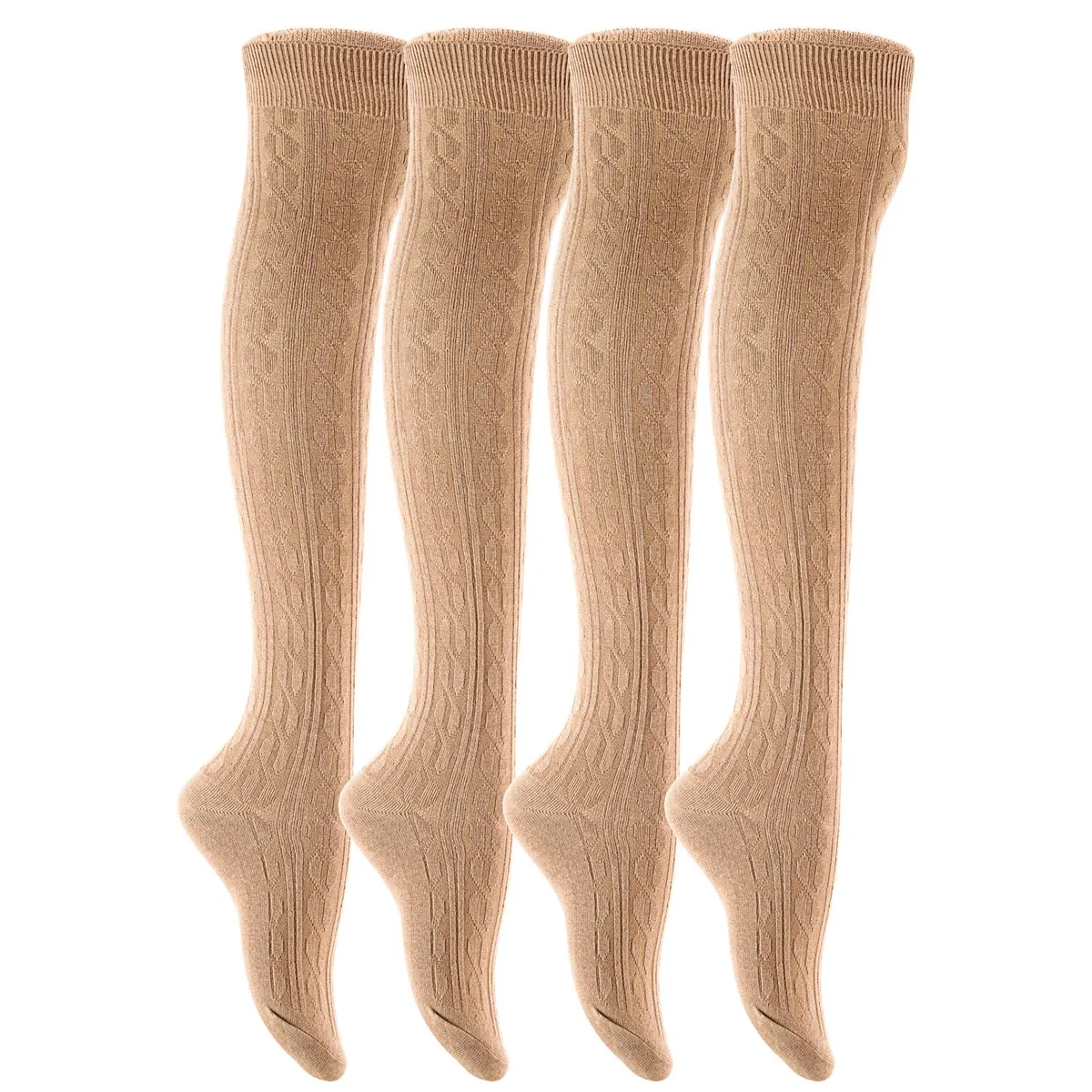Four pairs of beige thigh-high cotton socks with anti-slip fibre