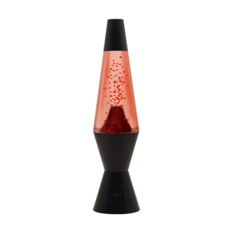 Clear 10-inch mini volcano lamp with white orange red LED glow and 100 lava globules
