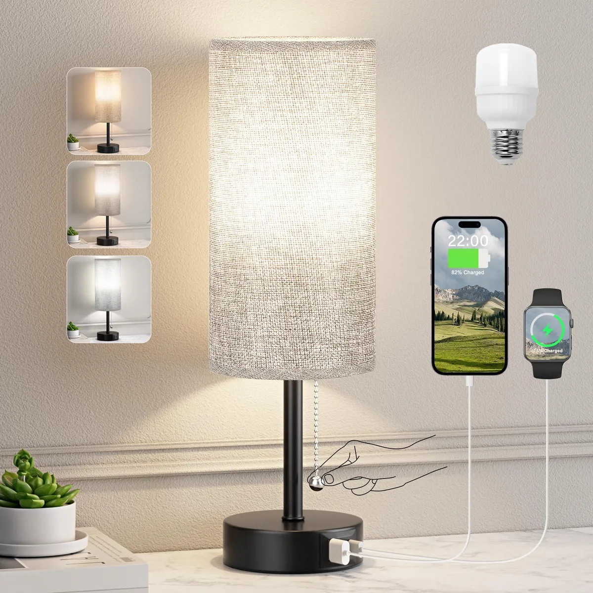 Grey fabric-shade LED table lamp with pull chain and USB-A/C ports, round painted base, 14 inches tall