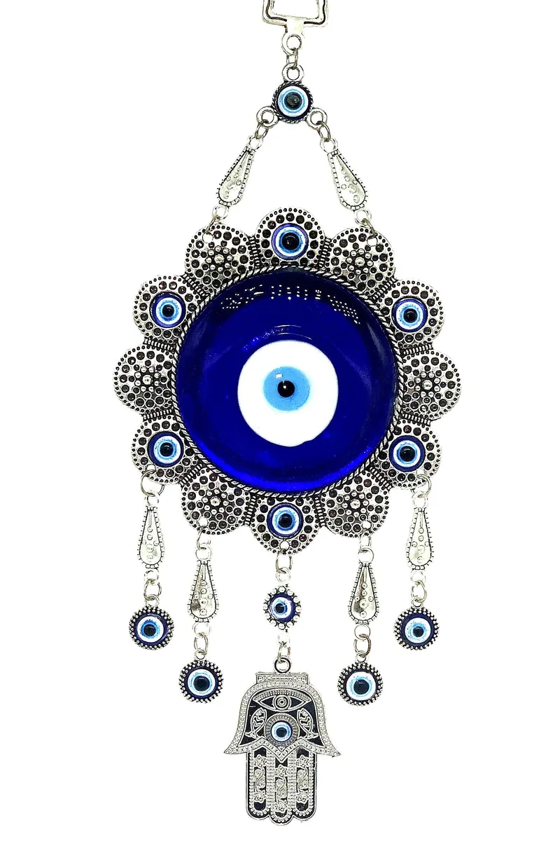 Blue Evil Eye Hamsa hand wall hanging with sunflower design, metal and glass, 9.25 inches total length