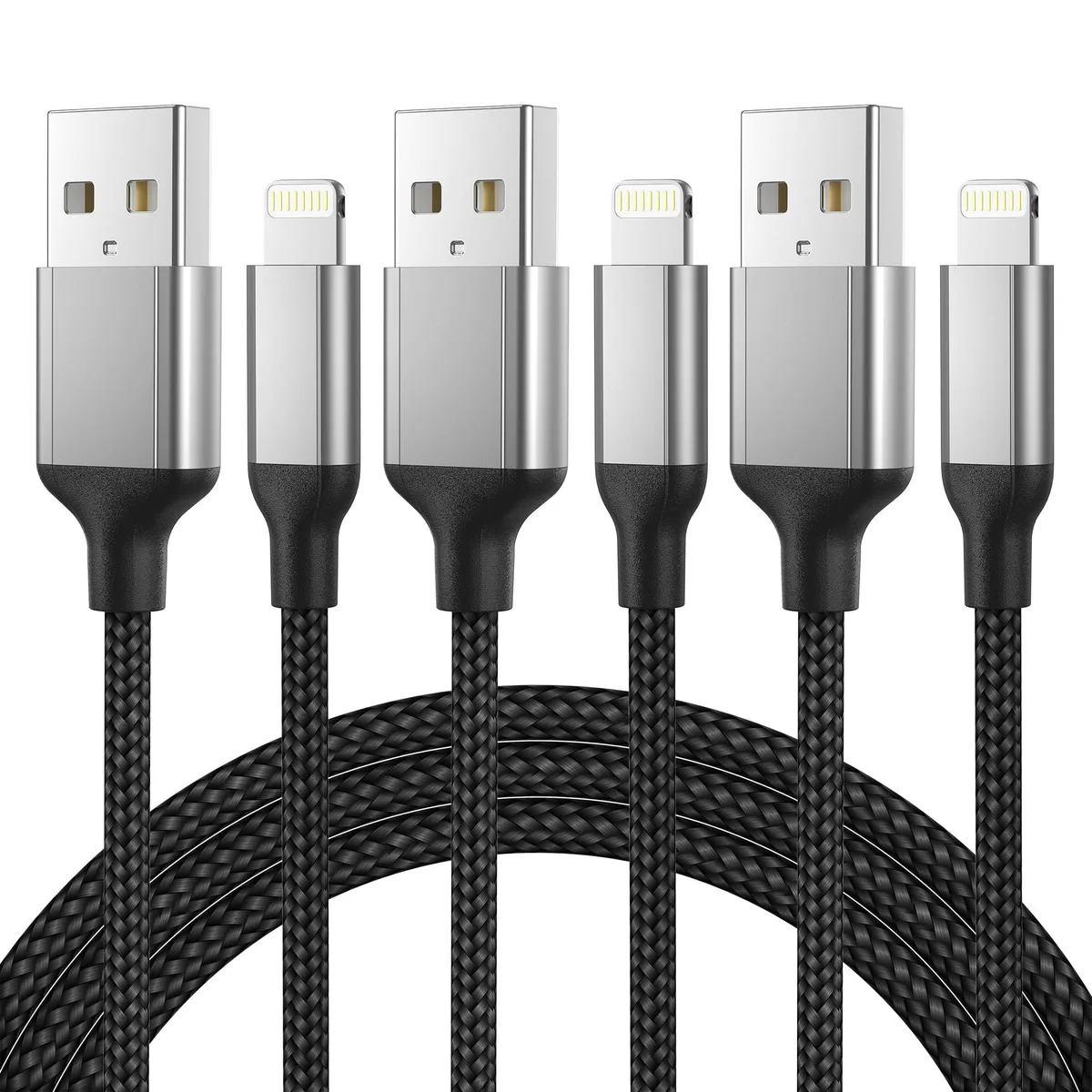 Three short black and grey USB-A to Lightning cables with nylon braiding