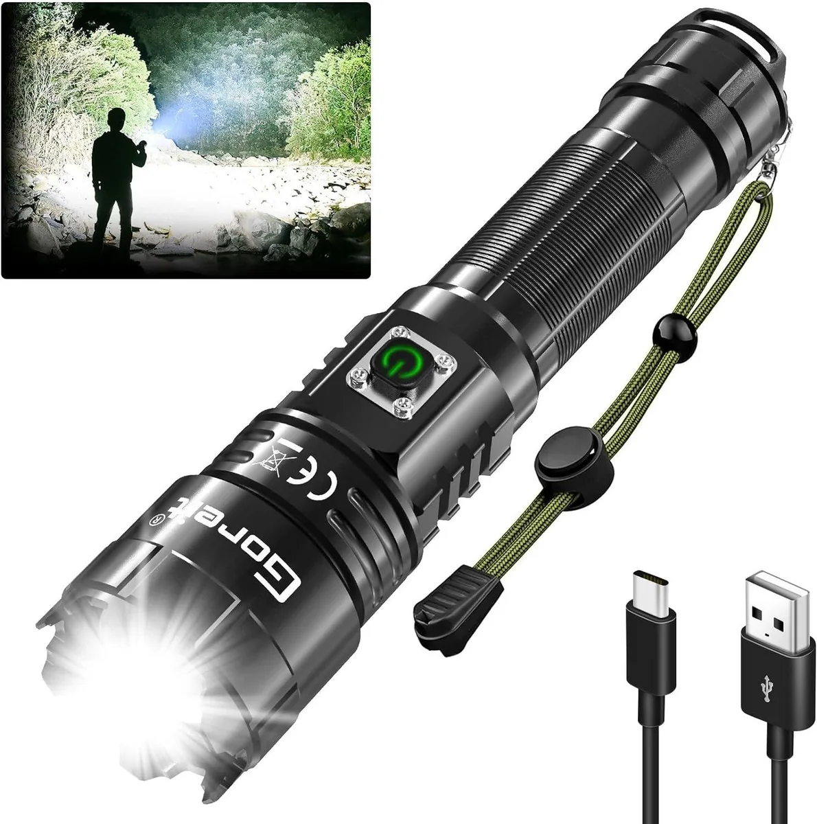 Cylindrical handheld flashlight with textured dark finish and prominent front lens