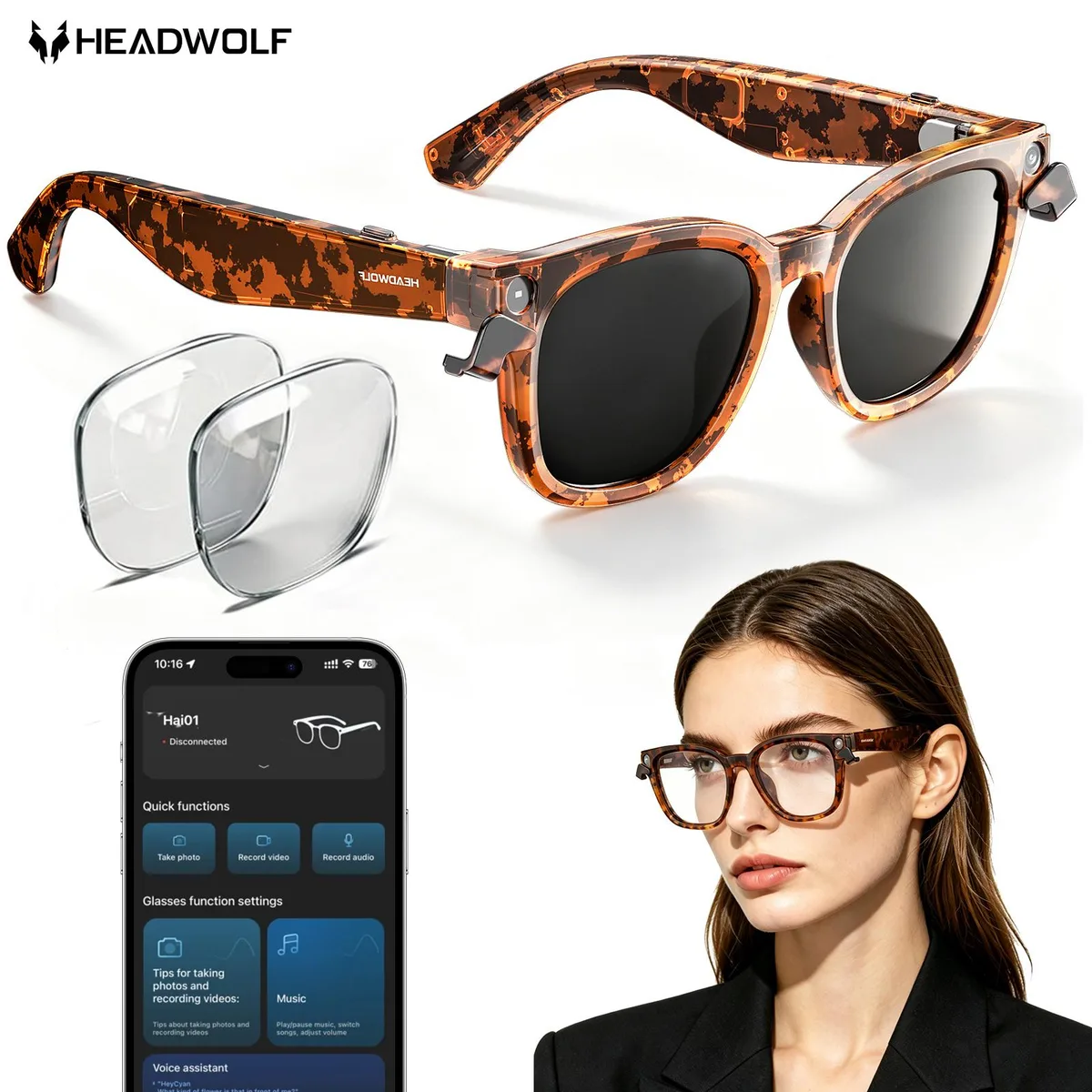 Headwolf Headwolf AI Smart Glasses Video Recorder 8MP 4K 32GB Bluetooth 5.4 — product photo