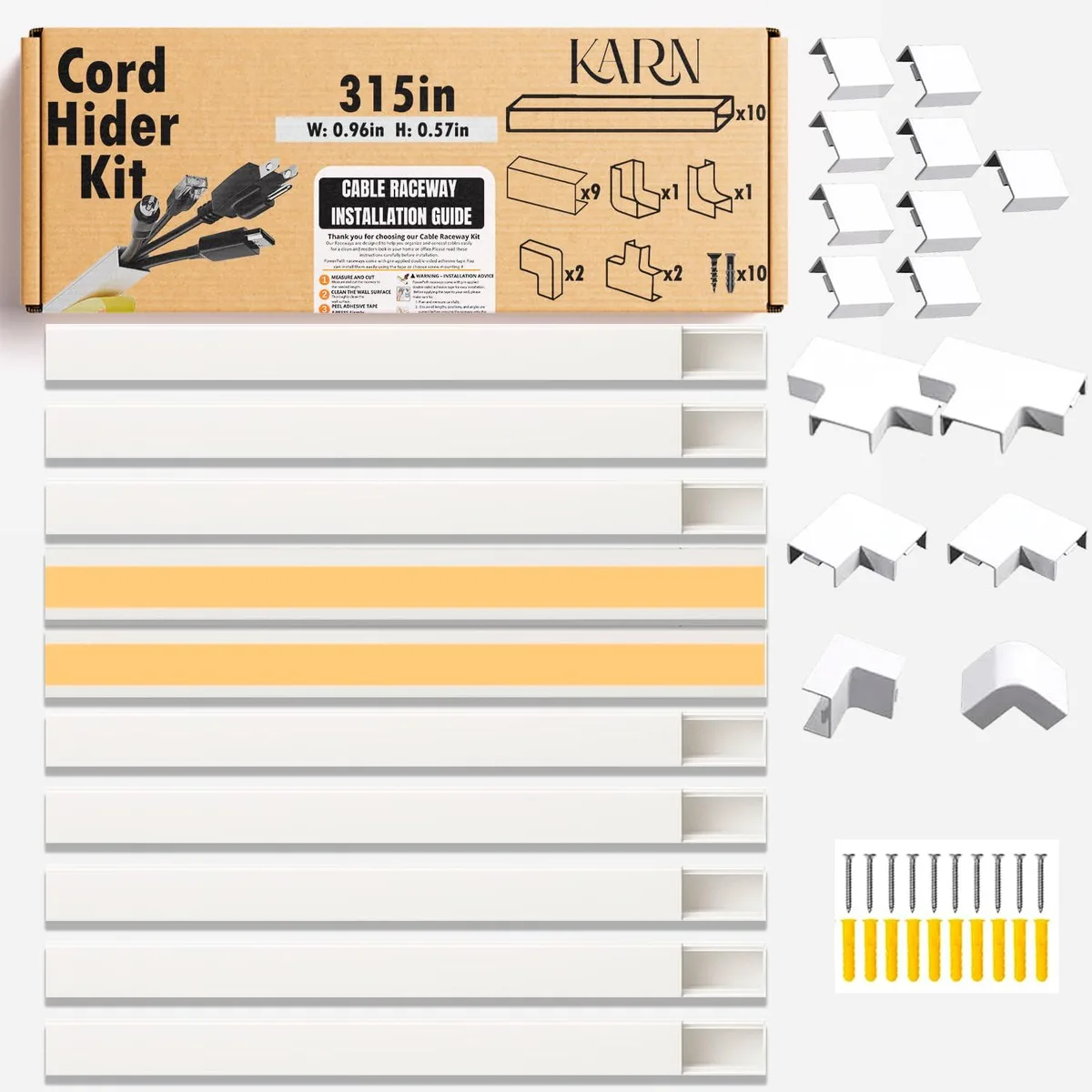 Grey plastic cable raceway kit with ten straight pieces, connectors, T and L corners, elbows, screws and anchors