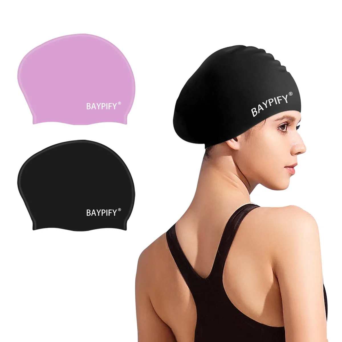 Two black silicone swim caps large size for long hair