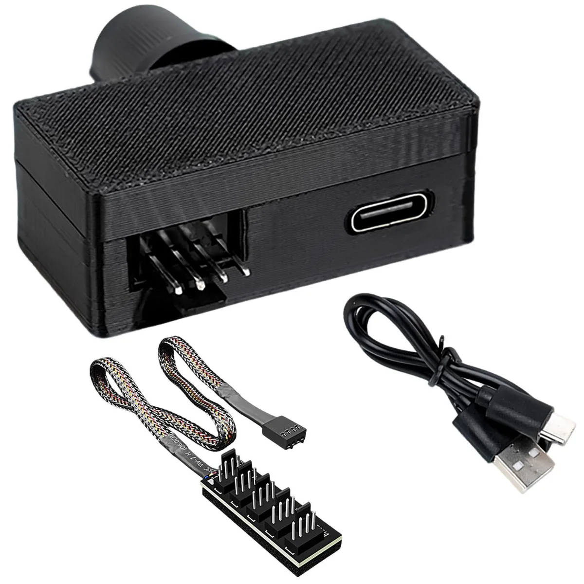 A compact metal controller with a rotary knob, USB-C port and a five-way fan hub alongside