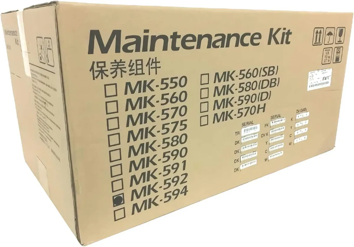 Cardboard box containing maintenance kit components for Kyocera printers