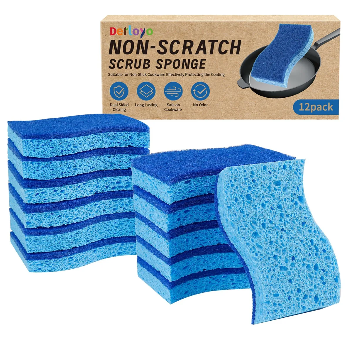 Blue non-scratch scrub sponges, 12-count pack, dual-sided with scouring pad and absorbent sponge