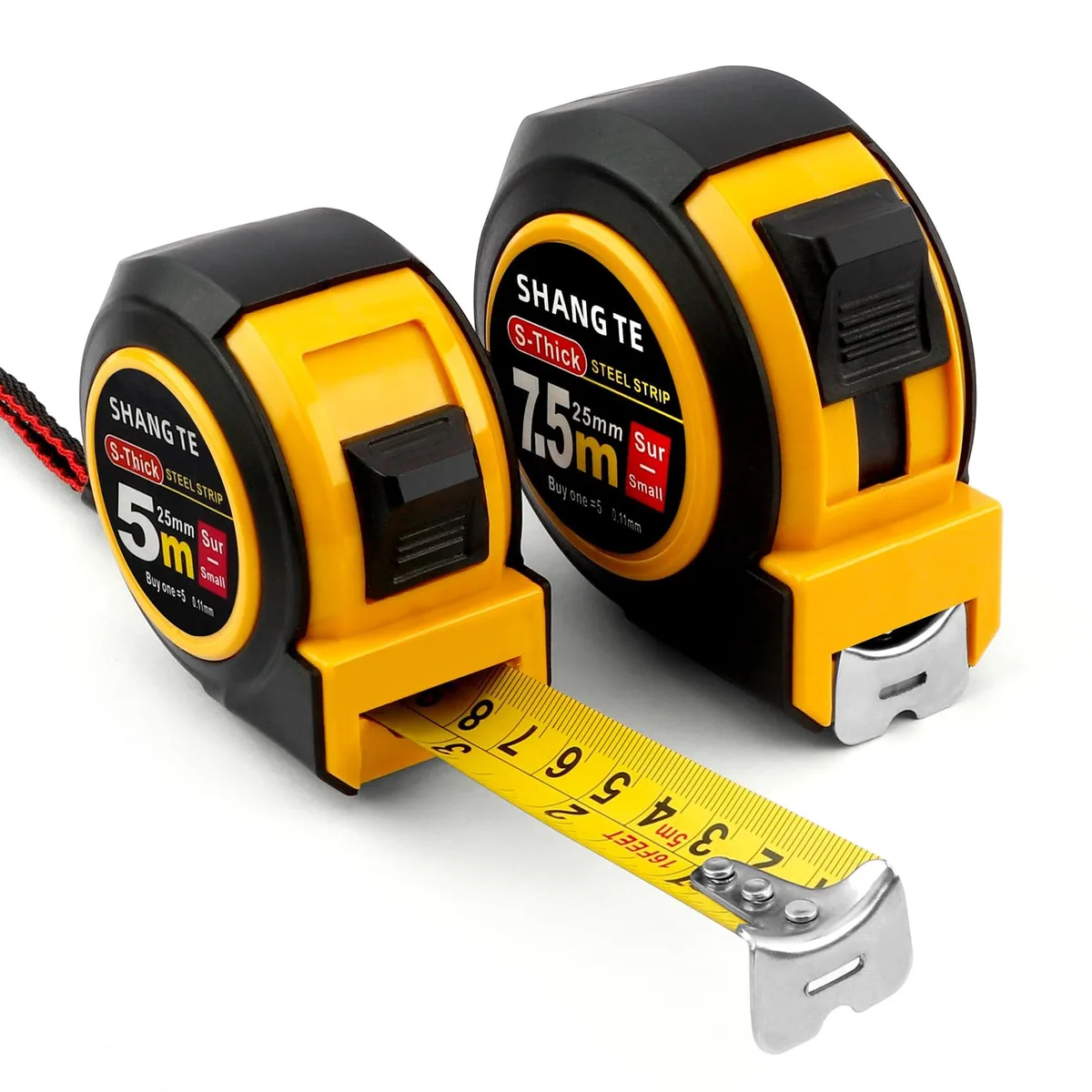 Two retractable steel tape measures, 16 ft and 25 ft, rubberised cases, metric and imperial markings