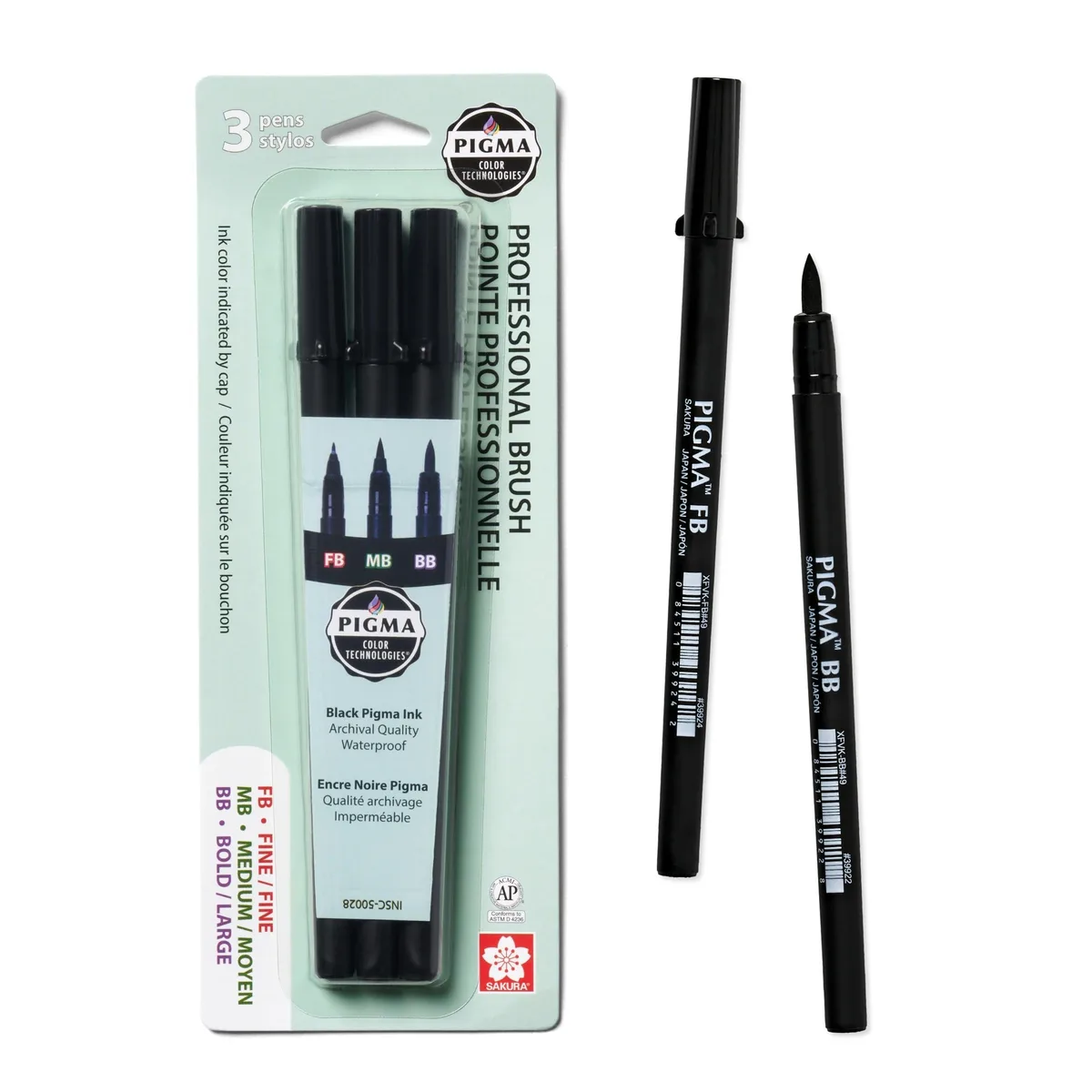  SAKURA Pigma Professional Brush Pens Black 0.3 0.5 0.7 0.9mm 3 Pack 50028 — product photo