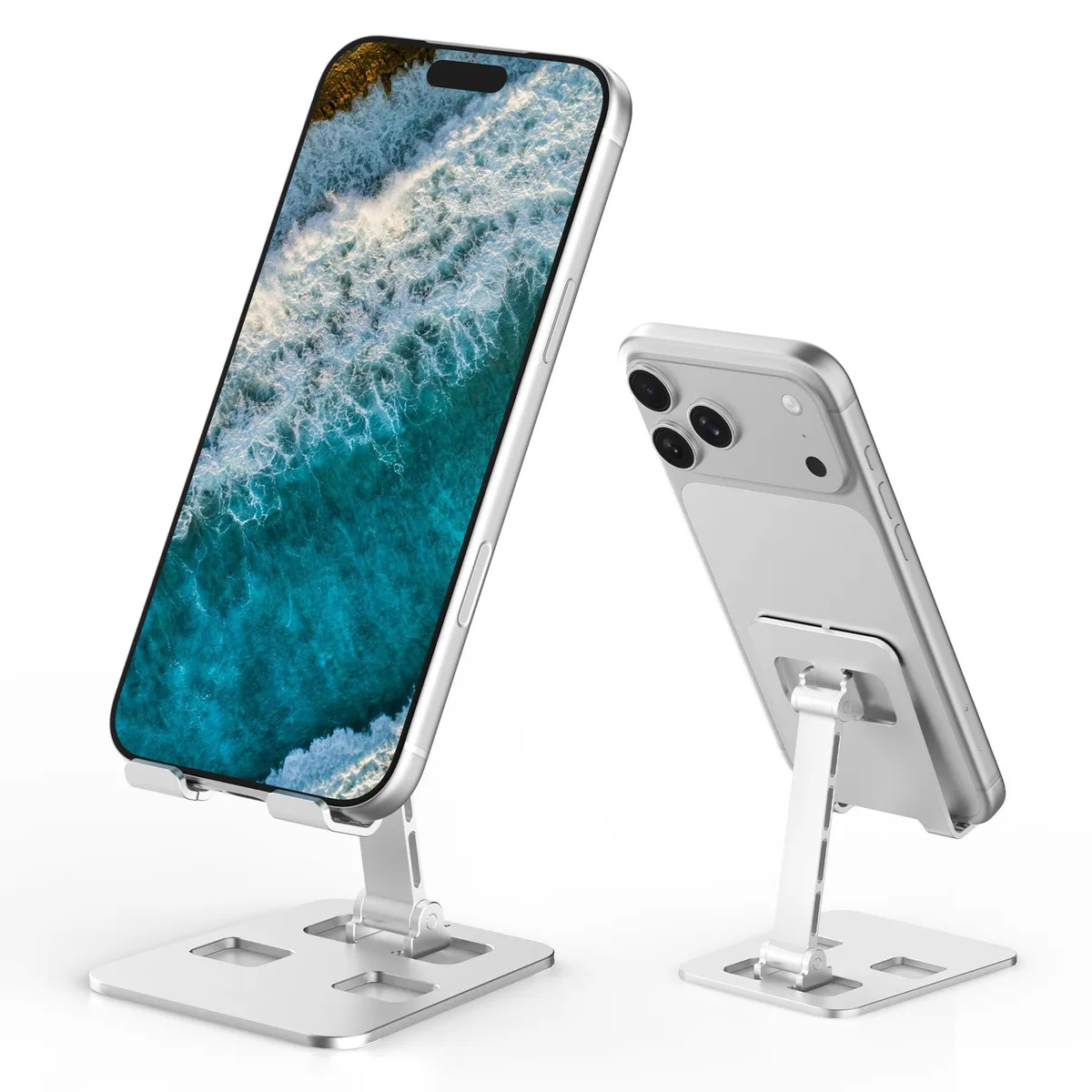 Silver foldable aluminum phone stand with adjustable hinge and padded cradle