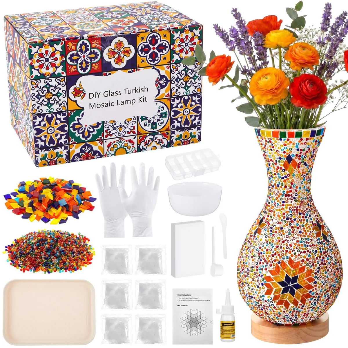 Turkish mosaic lamp kit with colorful glass pieces and wooden base