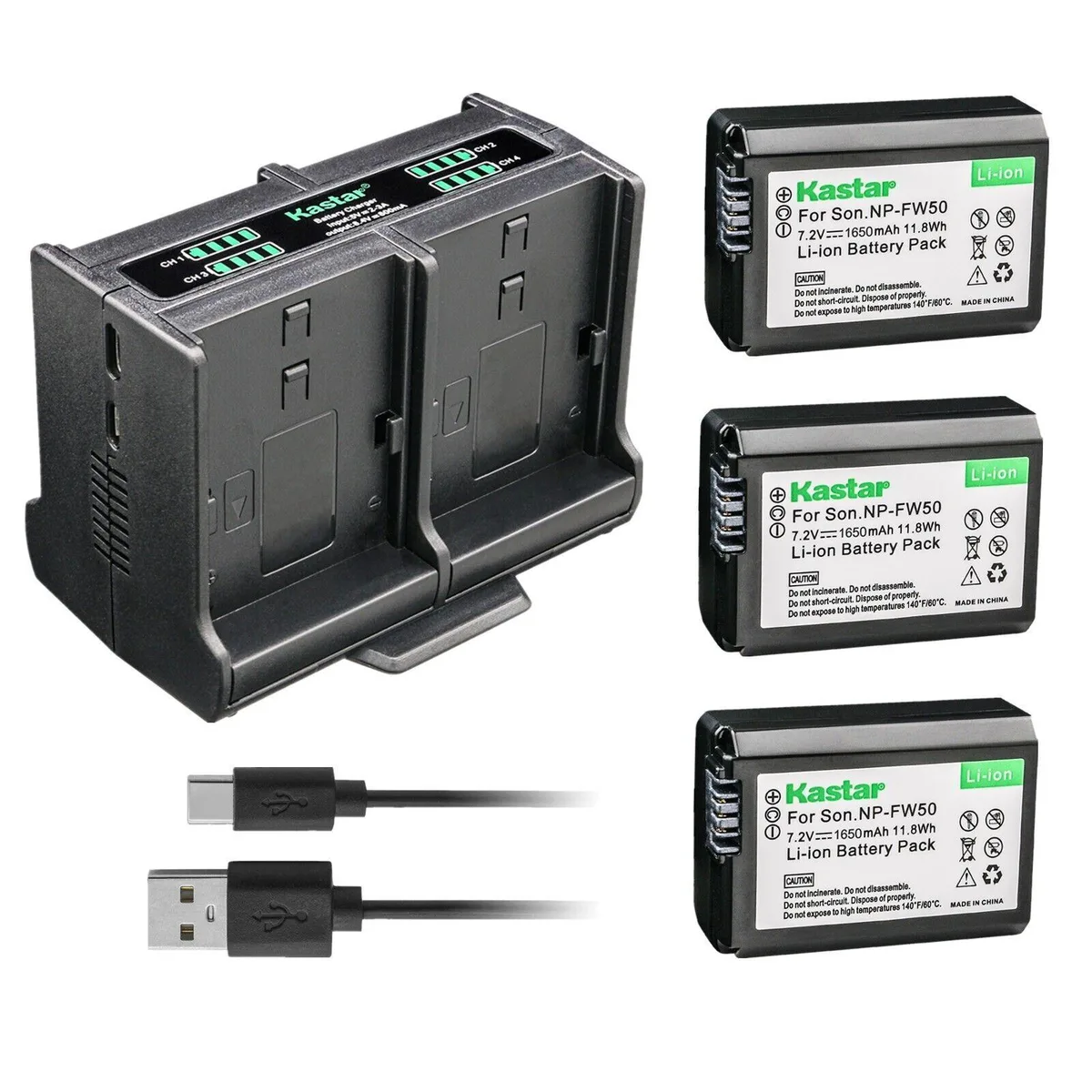 Kastar Kastar NP-FW50 3-pack battery and quadruple charger camera battery — product photo
