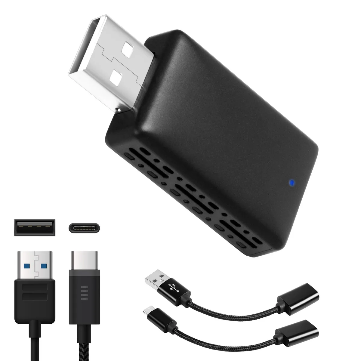 Small black rectangular adapter with USB-A and USB-C connectors side by side