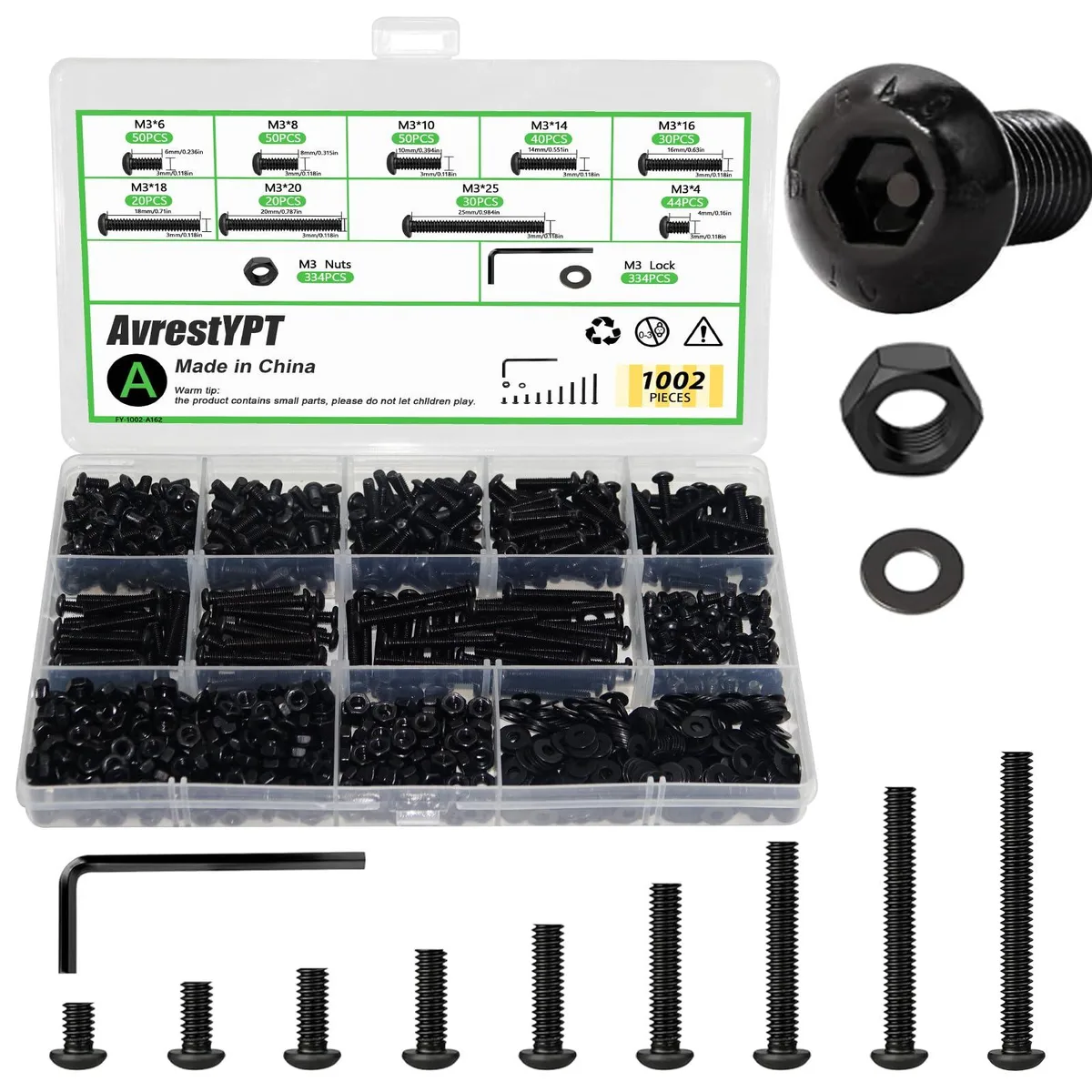  AvrestYPT M3 Assorted Nuts and Bolts Kit 1002PCS Machine Shop Hardware — product photo
