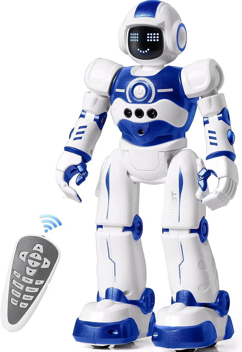 White humanoid robot with blue LED eyes and skating wheels