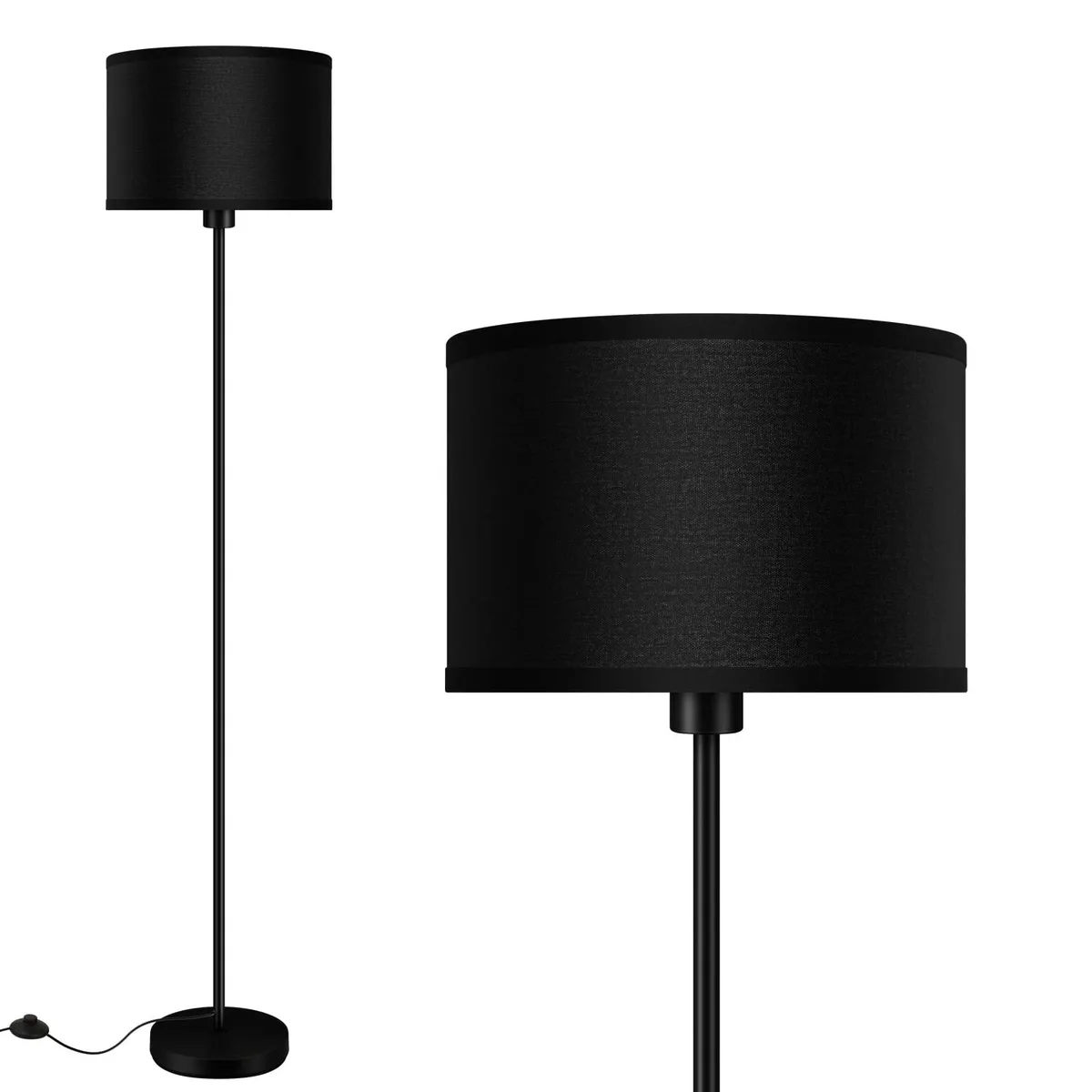 A 59 inch black matte metal floor lamp with a linen shade and weighted base