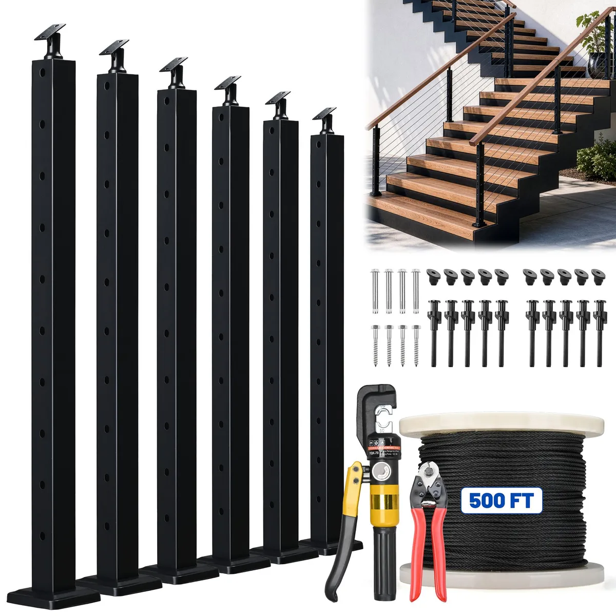 Yescom USA, Inc. Yescom USA, Inc. 25CRP-AX6-SET-06 36" Black Stair Posts x6 Cable Railing Kit 15-25ft — product photo