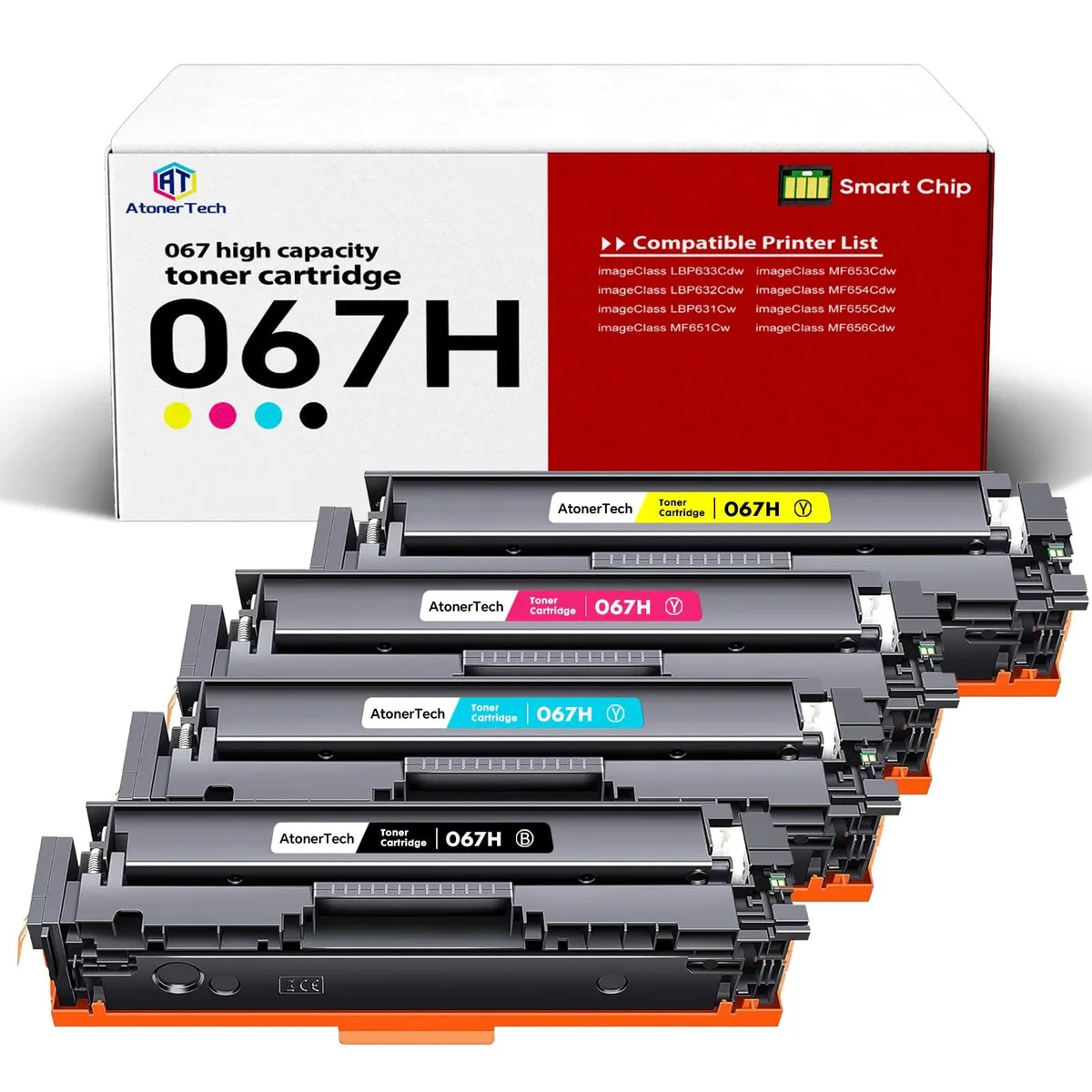 Four rectangular toner cartridges in black cyan magenta yellow side by side