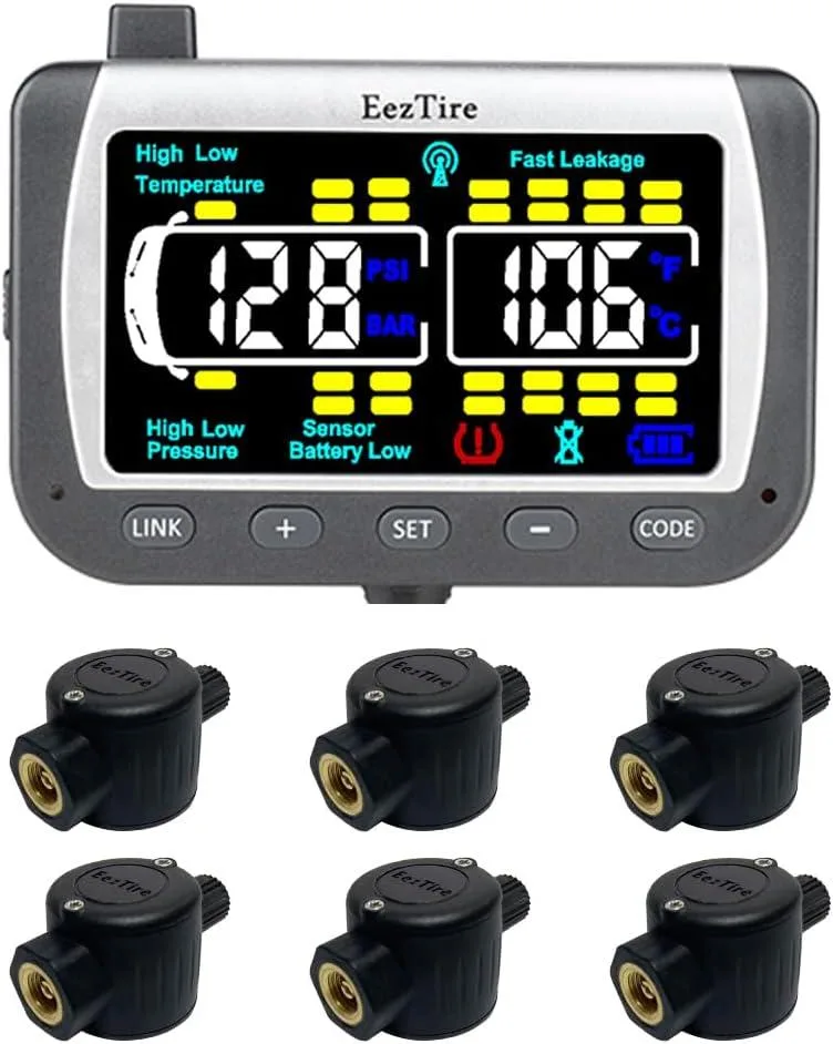 Color monitor with four tire sensors and signal booster