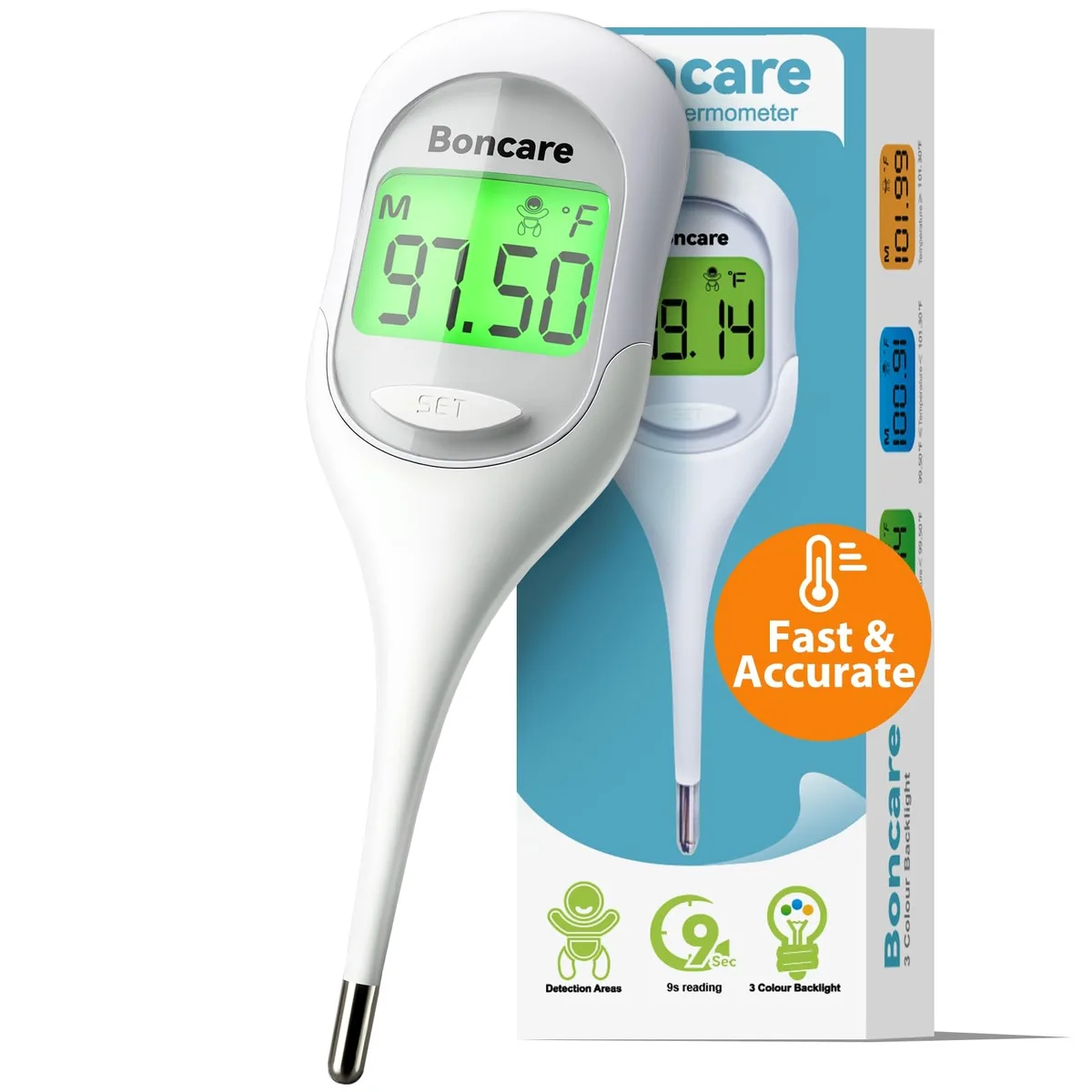 White digital thermometer with large LCD display and flexible tip