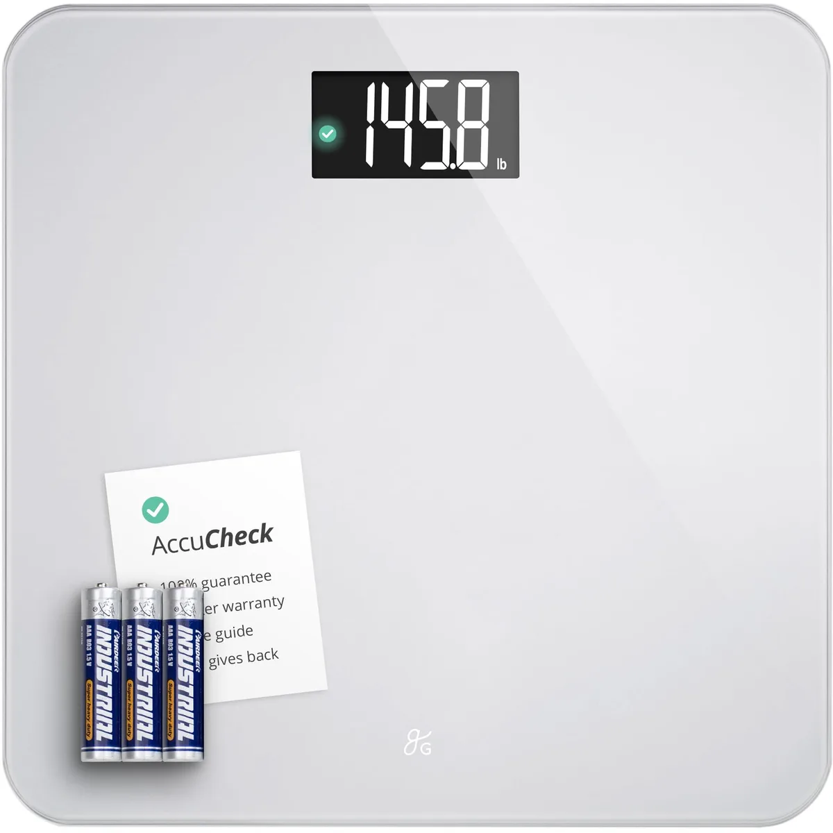 Gray rectangular digital bath scale with tempered glass platform and large backlit display