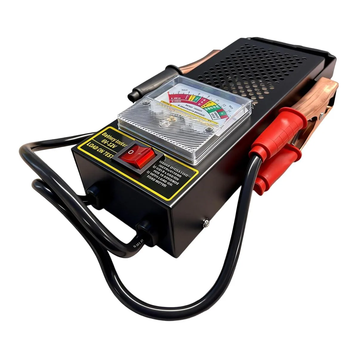 Black rectangular battery load tester with red and black alligator clips and analog meter face
