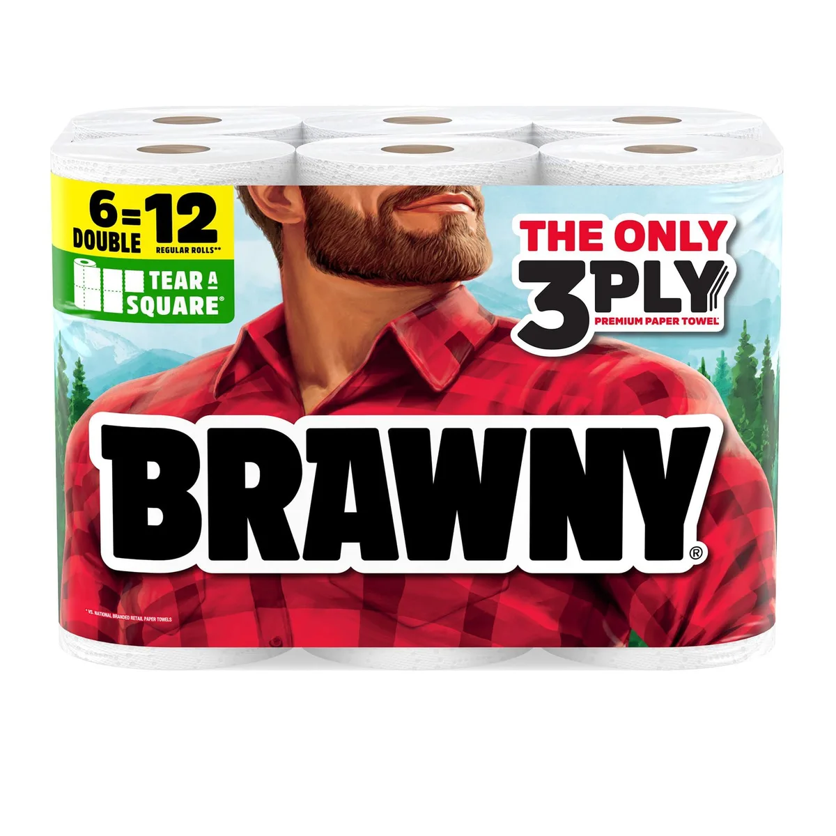 Brawny 445885 Tear-A-Square 3-Ply Paper 6 Double Rolls 12 Regular Rolls — product photo