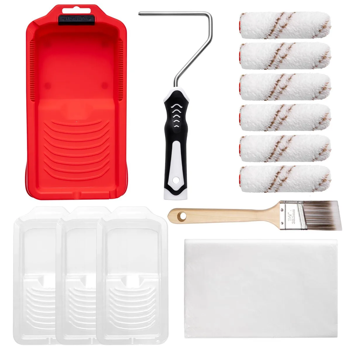 Red tray with magnetic holder, six microfiber rollers, angled brush, liners, drop cloth