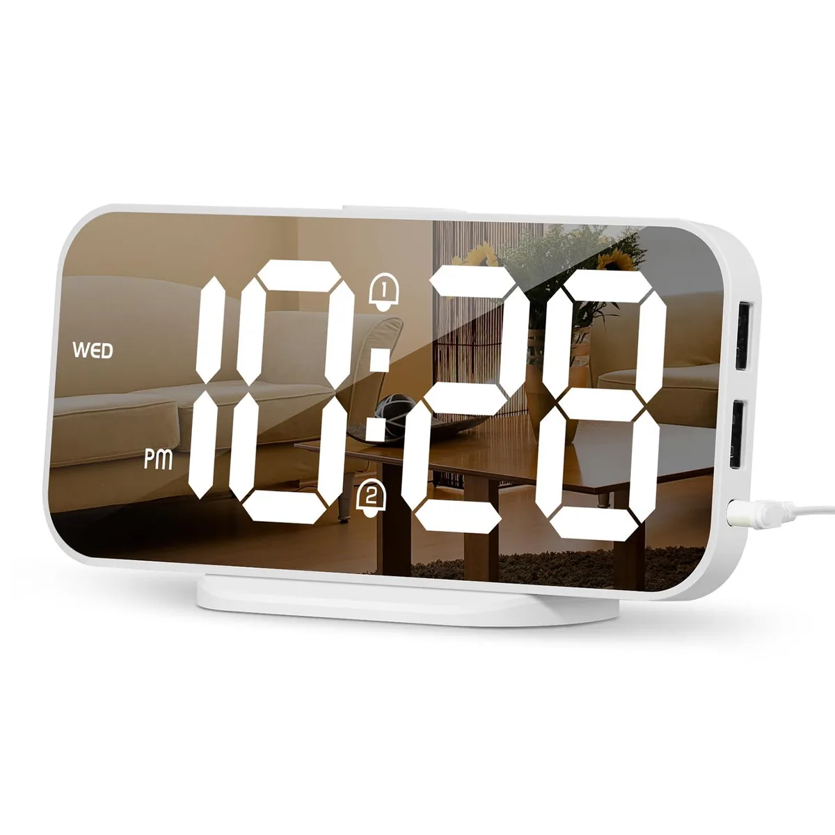 White rectangular mirror-finish digital clock with LED display and dual USB ports